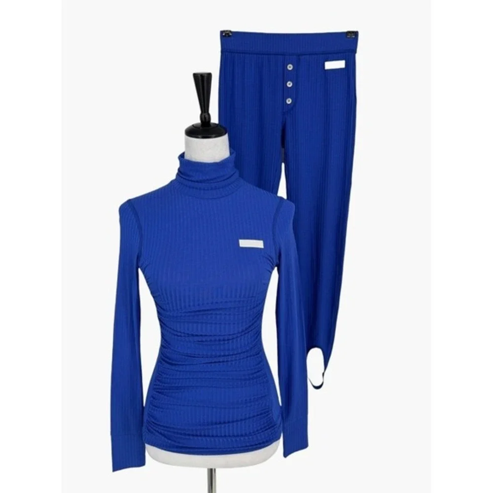 GANNI Ribbed Knit Two Piece Set Size Small Blue‎ Turtleneck Top Stirrup Leggings